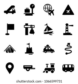 Solid vector icon set - trap truck vector, baggage scales, plane globe, airport road sign, flag, ship bell, sail boat, lighthouse, tent, sand castle, car, trip, navigation pin, trailer, toy train