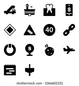 Solid vector icon set - trap truck vector, airport building, tooth, mobile payment, main road sign, multi lane traffic, minimal speed limit, link, standby, money tree, moon flag, plane, terms plan
