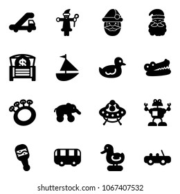 Solid vector icon set - trap truck vector, santa claus, money chest, sailboat toy, duck, crocodile, beanbag, elephant wheel, ufo, robot, bus, car