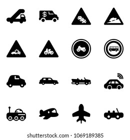 Solid vector icon set - trap truck vector, encashment car, multi lane traffic road sign, climb, crash, for moto, no, bus, limousine, cabrio, wireless, moon rover, plane toy