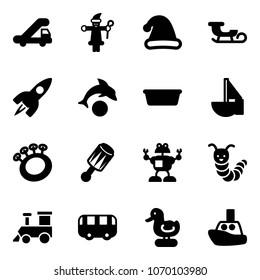 Solid vector icon set - trap truck vector, santa claus, christmas hat, sleigh, rocket, dolphin, basin, sailboat toy, beanbag, robot, caterpillar, train, bus, duck, boat