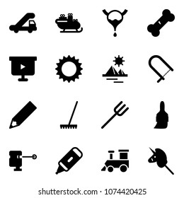 Solid vector icon set - trap truck vector, santa sleigh, bladder, broken bone, presentation board, sun, pyramid, fretsaw, pencil, rake, farm fork, brush, laser lever, marker, toy train