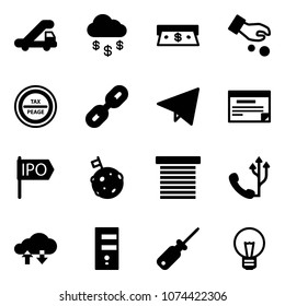 Solid vector icon set - trap truck vector, money rain, cash, investment, tax peage road sign, link, paper fly, schedule, ipo, moon flag, jalousie, phone, cloud exchange data, server, screwdriver