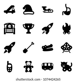 Solid vector icon set - trap truck vector, christmas hat, sleigh, stomach, money chest, gold cup, rocket, fire, shovel, crocodile, ufo toy, phone, bear, bus, cat