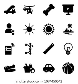 Solid vector icon set - trap truck vector, helicopter, broken bone, presentation board, winner, sun, pyramid, server wireless, bezier, ruler, bulb, crocodile, shovel bucket, car, basketball