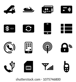 Solid vector icon set - trap truck vector, snowmobile, credit card, tap pay, exchange, phone, menu, horn, mobile, antenna, wireless lock, sim, fine signal, toy