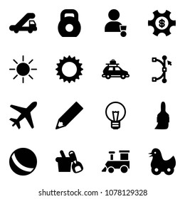 Solid vector icon set - trap truck vector, weight, winner, money managemet, sun, car baggage, bezier, plane, pencil, bulb, brush, ball, shovel bucket, toy train, duck