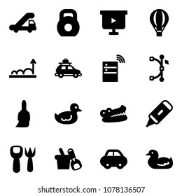 Solid vector icon set - trap truck vector, weight, presentation board, air balloon, growth, car baggage, server wireless, bezier, brush, duck toy, crocodile, marker, shovel fork, bucket