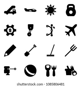 Solid vector icon set - trap truck vector, small plane, sun, weight, money managemet, piston, bezier, pencil, shovel, rake, farm fork, laser lever, ball, toy, bucket