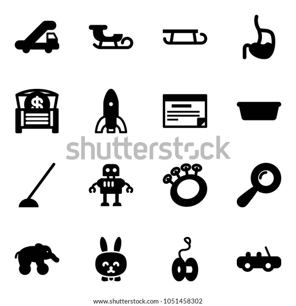 Solid vector icon set - trap truck\
vector, sleigh, stomach, money chest, rocket, schedule, basin, hoe,\
robot, beanbag, elephant wheel, toy rabbit, yoyo,\
car