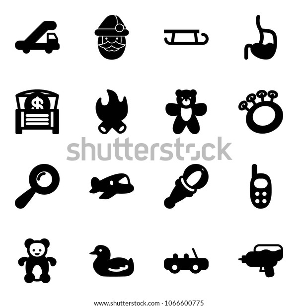 Solid vector icon set - trap truck vector,\
santa claus, sleigh, stomach, money chest, fire, bear toy, beanbag,\
plane, phone, duck, car, water\
gun