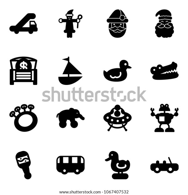 Solid vector icon set - trap truck vector, santa\
claus, money chest, sailboat toy, duck, crocodile, beanbag,\
elephant wheel, ufo, robot, bus,\
car