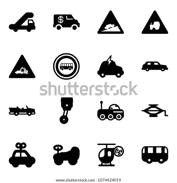 Solid\
vector icon set - trap truck vector, encashment car, climb road\
sign, tractor way, crash, no bus, electric, limousine, cabrio,\
piston, moon rover, jack, toy, baby,\
helicopter