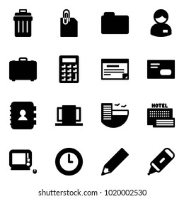 Solid vector icon set - trash bin vector, attachment, folder, manager, case, calculator, schedule, envelope, contact book, doors, hotel, sea, monoblock pc, clock, pencil, marker