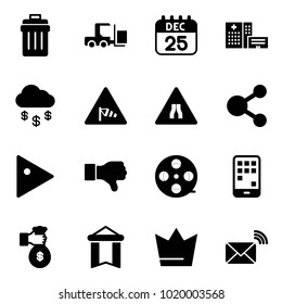 Solid vector icon set - trash bin vector, fork loader, 25 dec calendar, hospital building, money rain, side wind road sign, narrows, share, play, dislike, film coil, mobile, rich, pennant, crown
