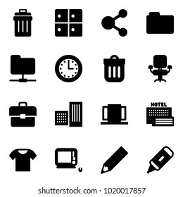 Solid vector icon set - trash bin vector, baggage room, share, folder, network, time, office chair, portfolio, building, doors, sea hotel, t shirt, monoblock pc, pencil, marker