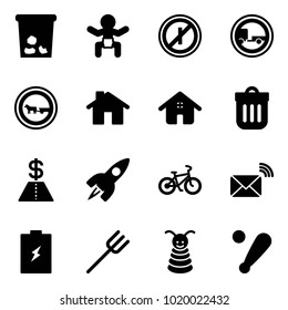Solid vector icon set - trash vector, baby, no parkin odd, trailer road sign, cart horse, home, bin, dollar, rocket, bike, wireless mail, battery, farm fork, pyramid toy, baseball bat