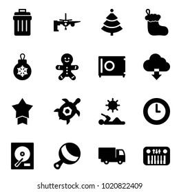 Solid Vector Icon Set - Trash Bin Vector, Boarding Passengers, Christmas Tree, Sock, Ball, Cake Man, Safe, Download Cloud, Star Medal, Sea Turtle, Reading, Clock, Hdd, Beanbag, Truck Toy, Piano