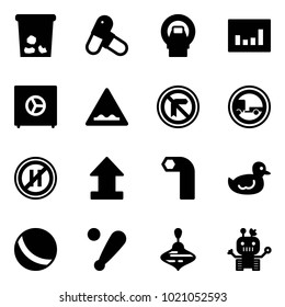Solid vector icon set - trash vector, pills, mri, statistics, safe, rough road sign, no trailer, parking even, uplooad, allen key, duck toy, ball, baseball bat, wirligig, robot