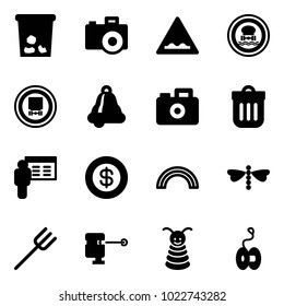 Solid vector icon set - trash vector, camera, rough road sign, no dangerous cargo, bell, bin, presentation, dollar, rainbow, dragonfly, farm fork, laser lever, pyramid toy, yoyo