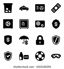 Solid vector icon set - trash vector, safety car, safe, medical patch, insurance, locked, shield, check, uv cream, lifebuoy, protective glasses