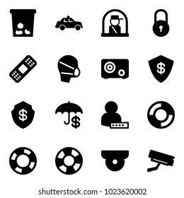 Solid vector icon set - trash vector, safety car, officer window, lock, medical patch, mask, safe, insurance, user password, lifebuoy, surveillance camera