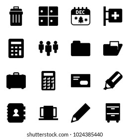 Solid vector icon set - trash bin vector, baggage room, christmas calendar, first aid, calculator, group, folder, case, envelope, highlight marker, contact book, doors, pencil, tool cabinet