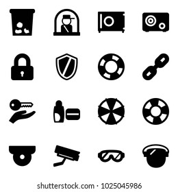 Solid vector icon set - trash vector, officer window, safe, locked, shield, lifebuoy, link, key hand, uv cream, parasol, surveillance camera, protective glasses, protect glass