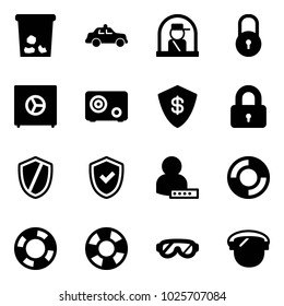 Solid vector icon set - trash vector, safety car, officer window, lock, safe, locked, shield, check, user password, lifebuoy, protective glasses, protect glass