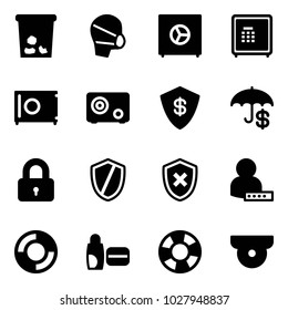Solid vector icon set - trash vector, medical mask, safe, locked, shield, cross, user password, lifebuoy, uv cream, surveillance camera