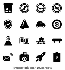 Solid vector icon set - trash vector, no parkin odd, cart horse road sign, end minimal speed limit, shield check, bell, car, dollar, money, bungalow, skateboard, wireless mail, camera, rocket