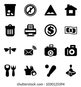 Solid vector icon set - trash vector, no parkin odd, rough road sign, home, bin, printer, dollar, money, dragonfly, wireless mail, camera, shovel fork toy, bucket, baseball bat, wirligig