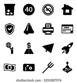 Solid vector icon set - trash vector, minimal speed limit road sign, end, home, shield check, bell, printer, schedule, world, dollar, paper fly, rocket, money, photo, farm fork, wirligig toy