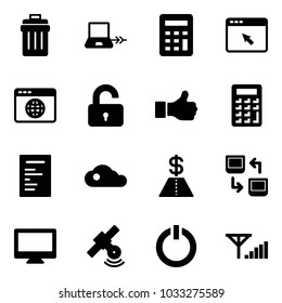 Solid vector icon set - trash bin vector, notebook connect, calculator, cursor browser, globe, unlocked, like, document, cloud, dollar, data exchange, monitor, satellite, standby button, fine signal