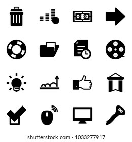 Solid vector icon set - trash bin vector, coin, dollar, right arrow, lifebuoy, folder, history, film coil, bulb, growth, finger up, pennant, check, mouse wireless, monitor, screw