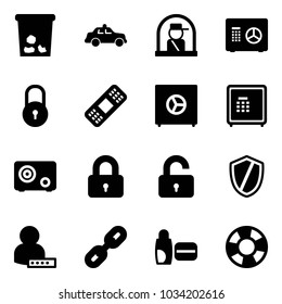 Solid vector icon set - trash vector, safety car, officer window, safe, lock, medical patch, locked, unlocked, shield, user password, link, uv cream, lifebuoy