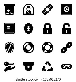 Solid vector icon set - trash vector, officer window, medical patch, safe, locked, unlocked, shield, lifebuoy, link, key hand, surveillance camera, recycling, protective glasses