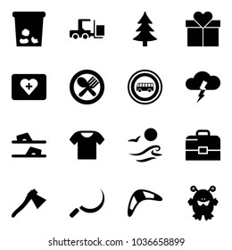 Solid vector icon set - trash vector, fork loader, christmas tree, gift, first aid kit, spoon plate, no bus road sign, storm, flip flops, t shirt, waves, case, axe, sickle, boomerang, toy monster