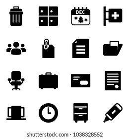 Solid Vector Icon Set - Trash Bin Vector, Baggage Room, Christmas Calendar, First Aid, Group, Attachment, Document, Folder, Office Chair, Case, Envelope, Agreement, Doors, Clock, Tool Cabinet