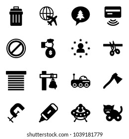 Solid Vector Icon Set - Trash Bin Vector, Plane Globe, Merry Christmas Message, Tap Pay, No Parking Road Sign, Rich, Star Man, Opening, Jalousie, Ship Bell, Moon Rover, Axe, Clamp, Marker, Ufo Toy