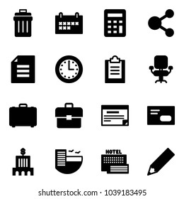 Solid vector icon set - trash bin vector, schedule, calculator, share, document, time, clipboard, office chair, case, portfolio, envelope, bank building, hotel, sea, pencil