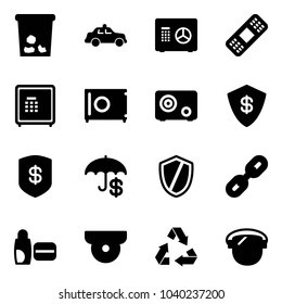 Solid vector icon set - trash vector, safety car, safe, medical patch, insurance, shield, link, uv cream, surveillance camera, recycling, protect glass