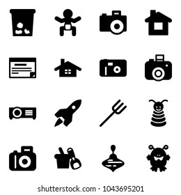 Solid vector icon set - trash vector, baby, camera, home, schedule, photo, projector, rocket, farm fork, pyramid toy, shovel bucket, wirligig, monster