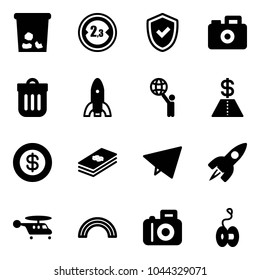 Solid vector icon set - trash vector, limited width road sign, shield check, camera, bin, rocket, world, dollar, paper fly, helicopter, rainbow, yoyo