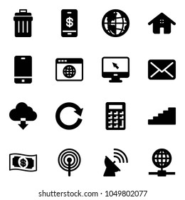 Solid vector icon set - trash bin vector, mobile payment, globe, home, phone, browser, monitor cursor, mail, download cloud, reload, calculator, stairs, money, antenna, satellite