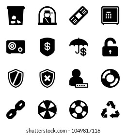 Solid vector icon set - trash vector, officer window, medical patch, safe, insurance, unlocked, shield, cross, user password, lifebuoy, link, parasol, recycling