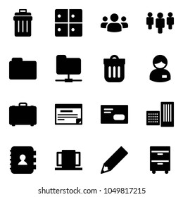 Solid vector icon set - trash bin vector, baggage room, group, folder, network, manager, case, schedule, envelope, building, contact book, doors, pencil, tool cabinet
