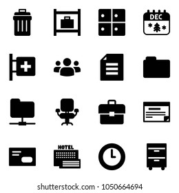 Solid vector icon set - trash bin vector, baggage room, christmas calendar, first aid, group, document, folder, network, office chair, portfolio, schedule, envelope, sea hotel, clock, tool cabinet