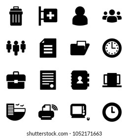 Solid vector icon set - trash bin vector, first aid room, user, group, document, folder, time, portfolio, agreement, contact book, doors, hotel, printer wireless, monoblock pc, clock