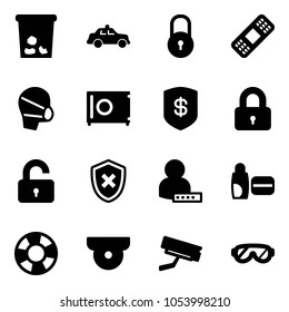 Solid vector icon set - trash vector, safety car, lock, medical patch, mask, safe, locked, unlocked, shield cross, user password, uv cream, lifebuoy, surveillance camera, protective glasses